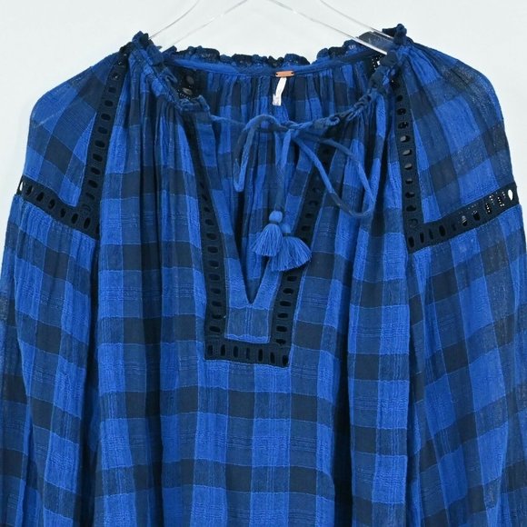 FREE PEOPLE Womens Size XS Honey Grove Blue Black Eyelet Ruffle Sleeve Plaid Top - Picture 3 of 9